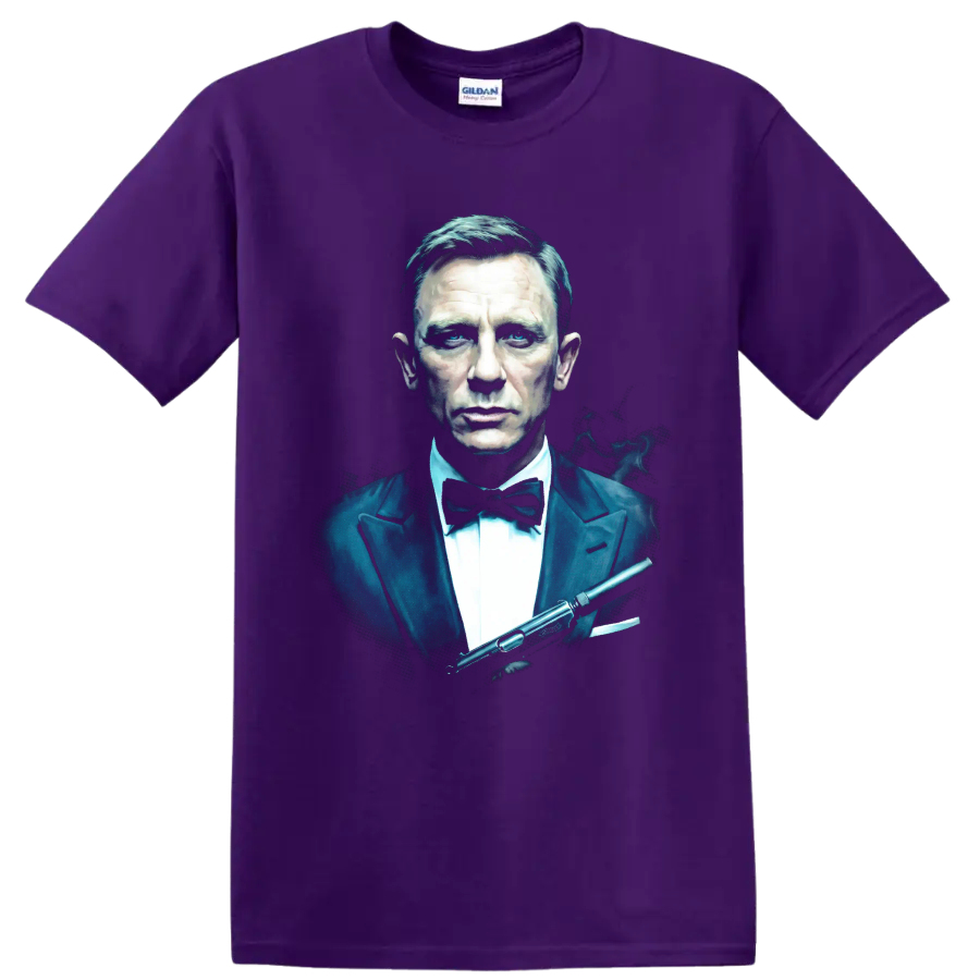James Bond Spectre tuxedo portrait with silenced pistol graphic on a Purple T Shirt