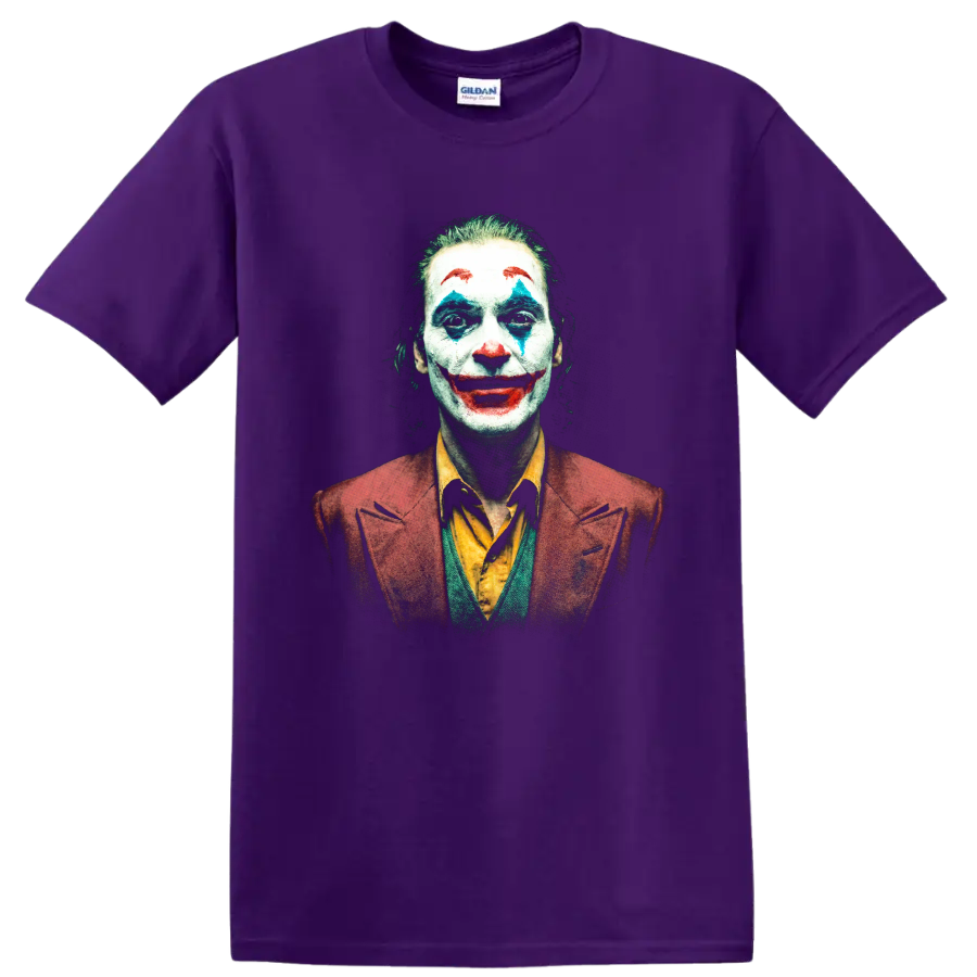Arthur Fleck Joker close-up portrait with colorful clown makeup graphic on a Purple T Shirt