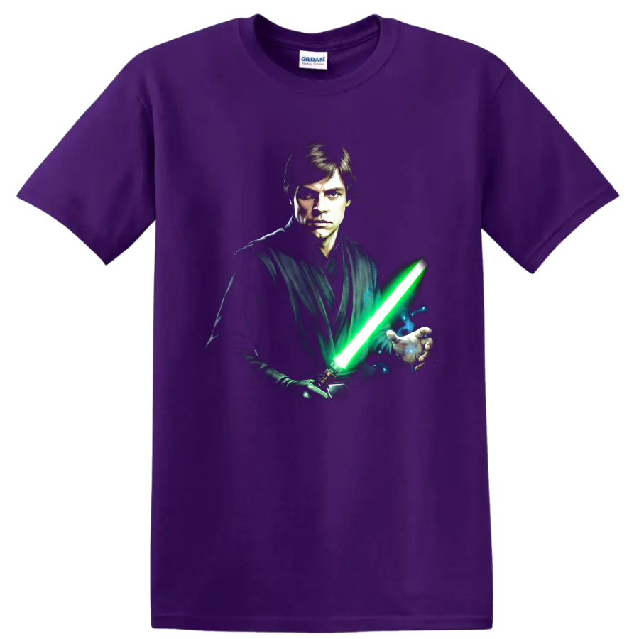 Luke Skywalker Jedi portrait with glowing green lightsaber graphic on a Purple T Shirt