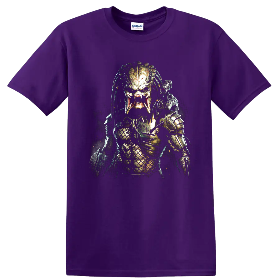 Predator alien hunter graphic print with armor and fangs on a Purple T Shirt