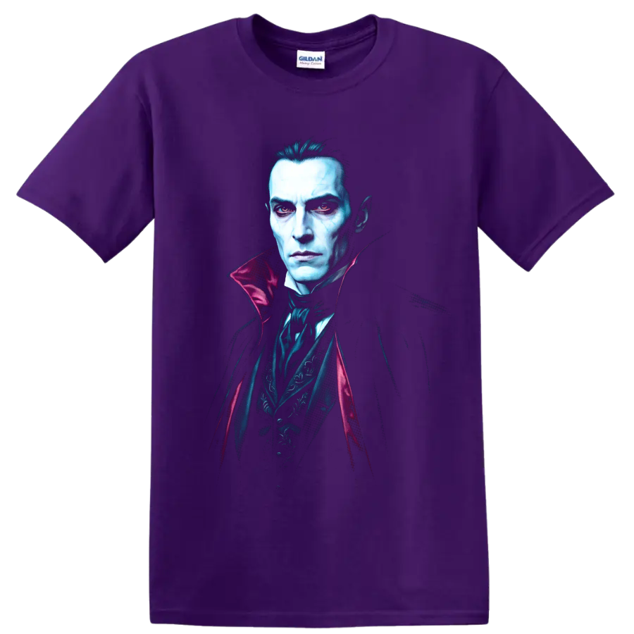 Bela Lugosi as Dracula in a gothic vampire portrait with red eyes on a Purple T Shirt