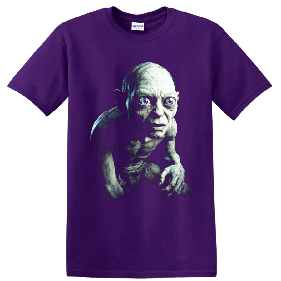 Gollum crouching dark fantasy character graphic print on a Purple T Shirt