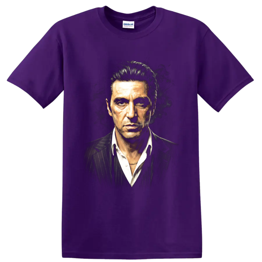 Michael Corleone portrait in a pinstripe suit with smoky cinematic styling on a Purple T Shirt