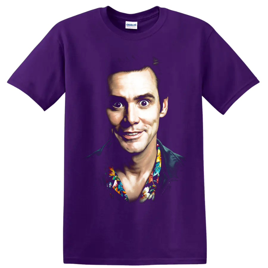Ace Ventura character portrait graphic print with tropical floral collar on a Purple T Shirt