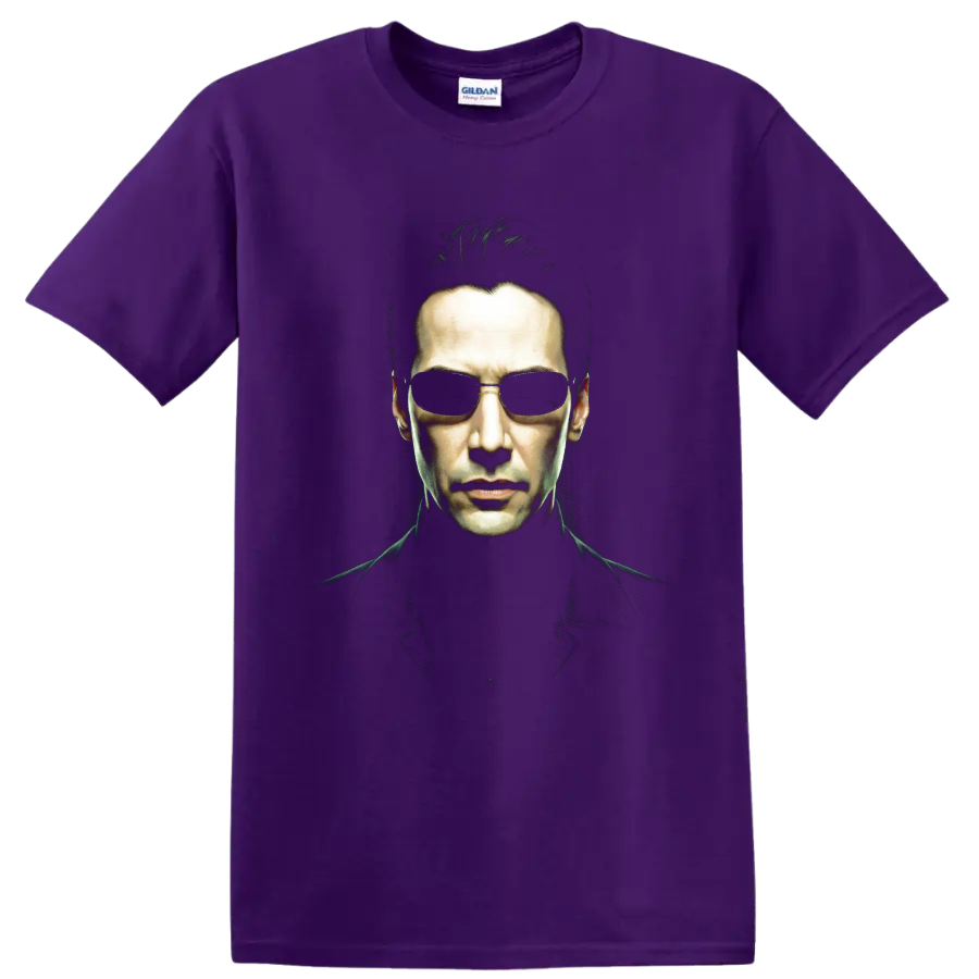 Neo from The Matrix in sunglasses, dramatic green-lit cyberpunk portrait on a Purple T Shirt