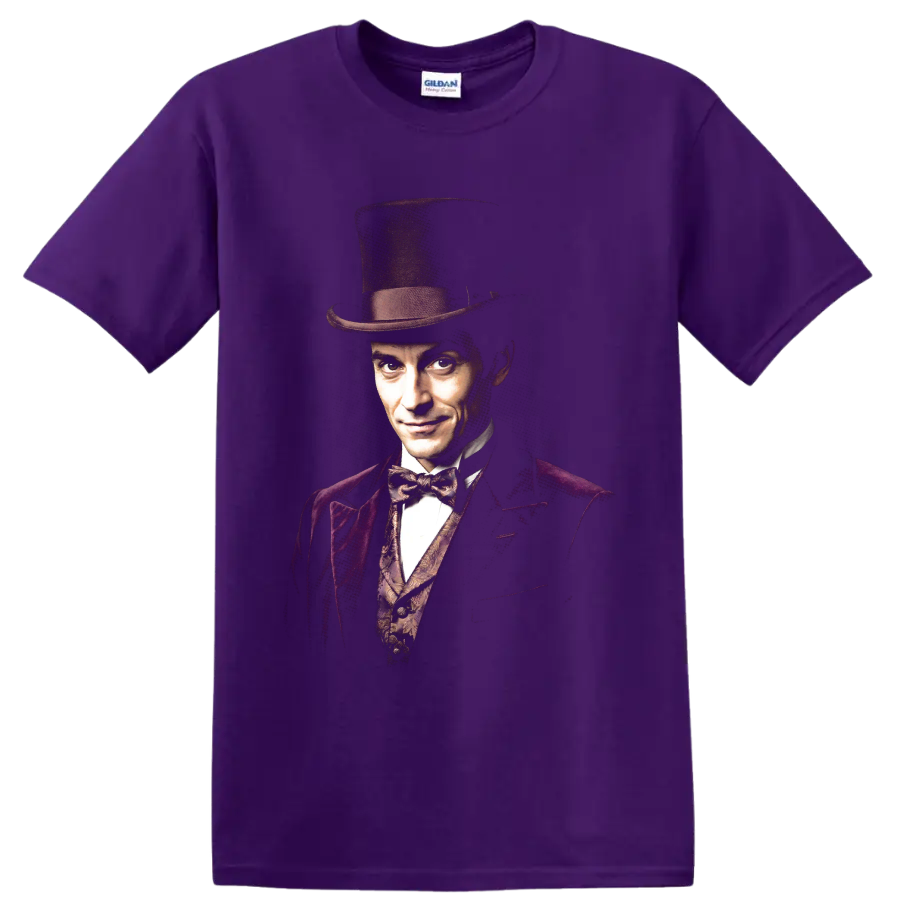 Robert Angier The Prestige magician portrait with top hat on a Purple T Shirt