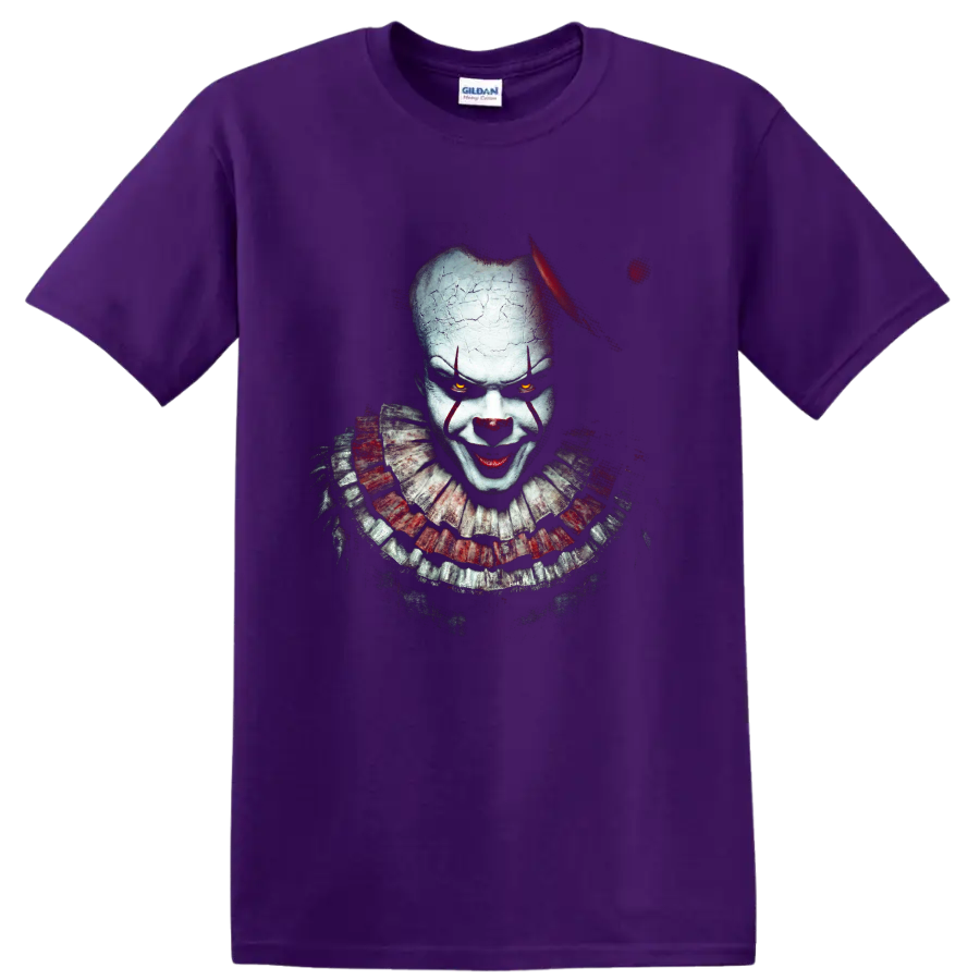 Pennywise horror clown portrait with cracked makeup and glowing eyes on a Purple T Shirt