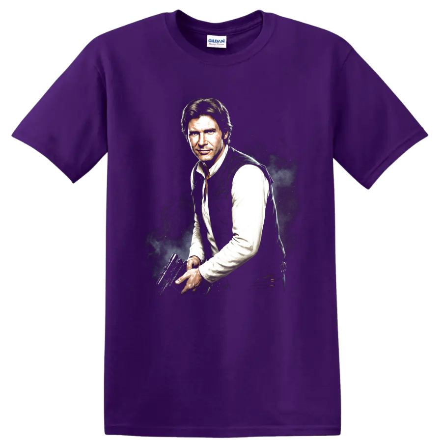 Han Solo Star Wars character portrait with blaster, cinematic graphic art on a Purple T Shirt