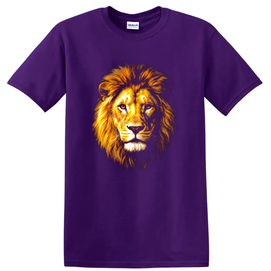 Mufasa lion portrait graphic print with a flowing golden mane on a Purple T Shirt