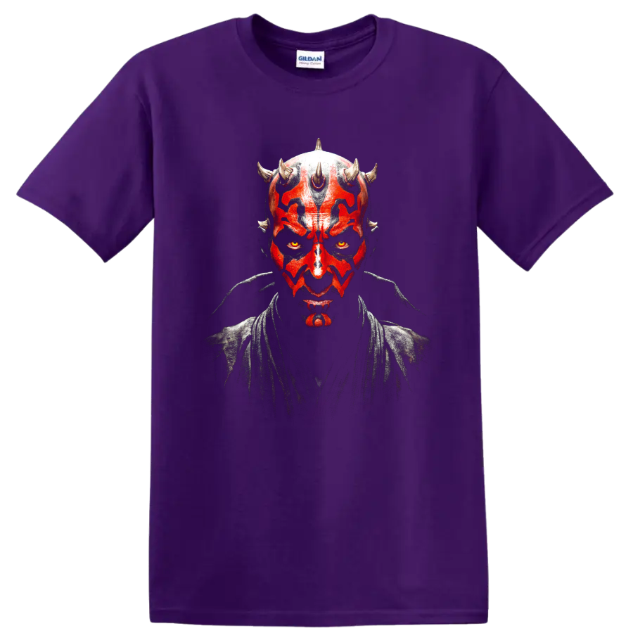 Darth Maul portrait with red and black face paint graphic on a Purple T Shirt