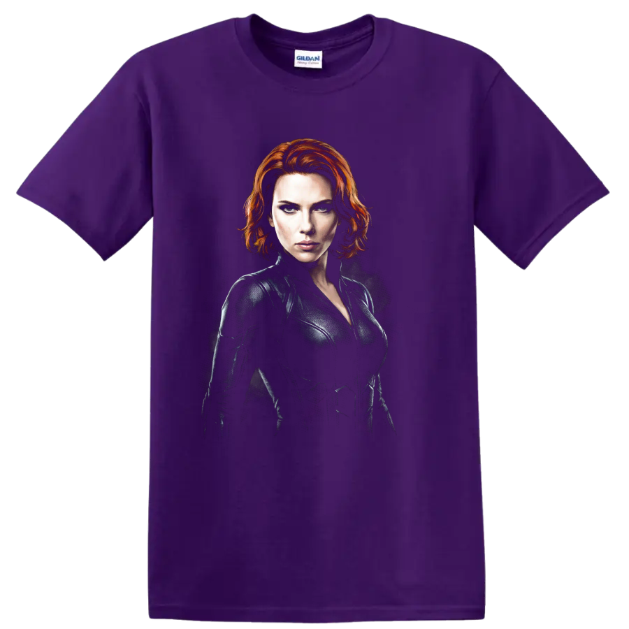 Natasha Romanoff Black Widow dramatic red-haired spy portrait graphic on a Purple T Shirt