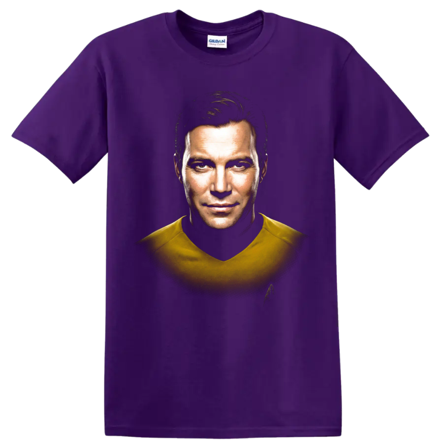 James T. Kirk Star Trek captain portrait graphic on a Purple T Shirt