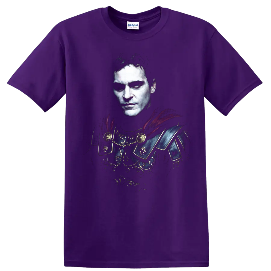 Commodus from Gladiator in ornate Roman armor portrait art on a Purple T Shirt