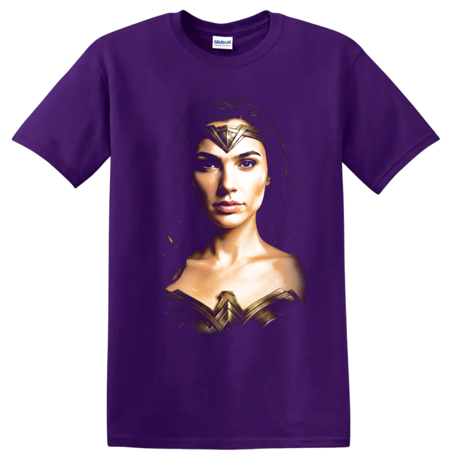 Wonder Woman portrait with gold armor and tiara graphic on a Purple T Shirt