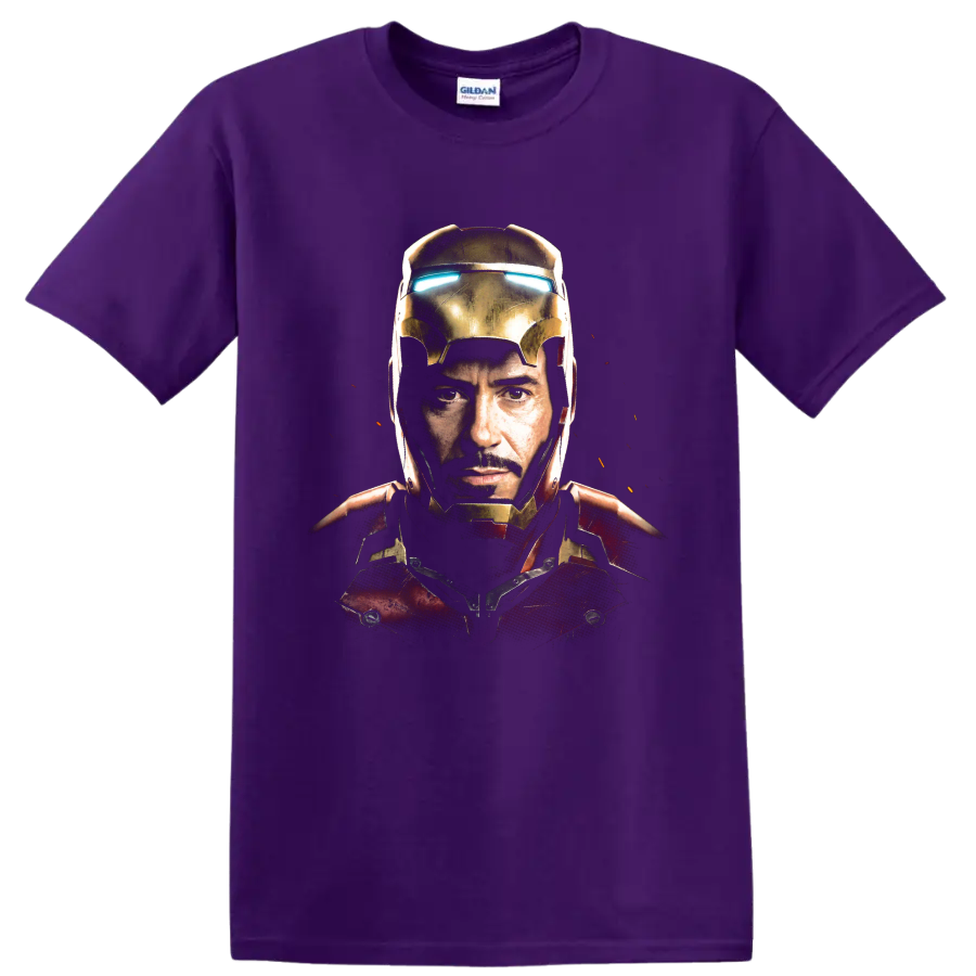 Tony Stark Iron Man armored portrait with glowing blue eyes on a Purple T Shirt