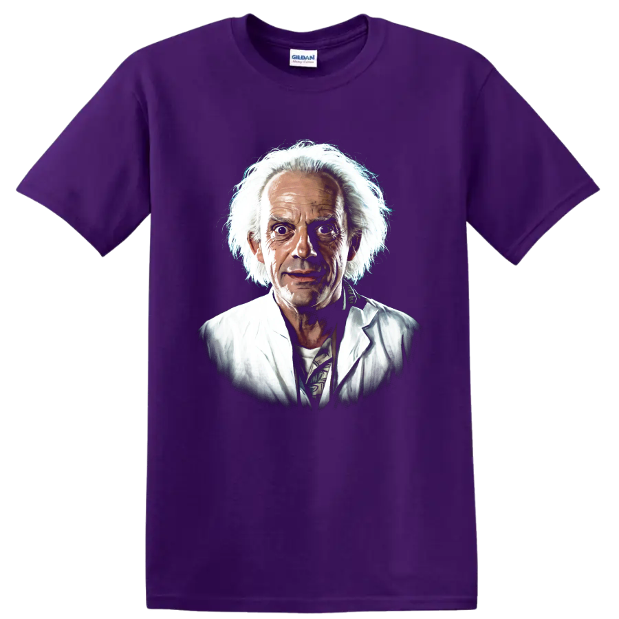 Doc Brown portrait from Back to the Future in a painterly graphic style on a Purple T Shirt