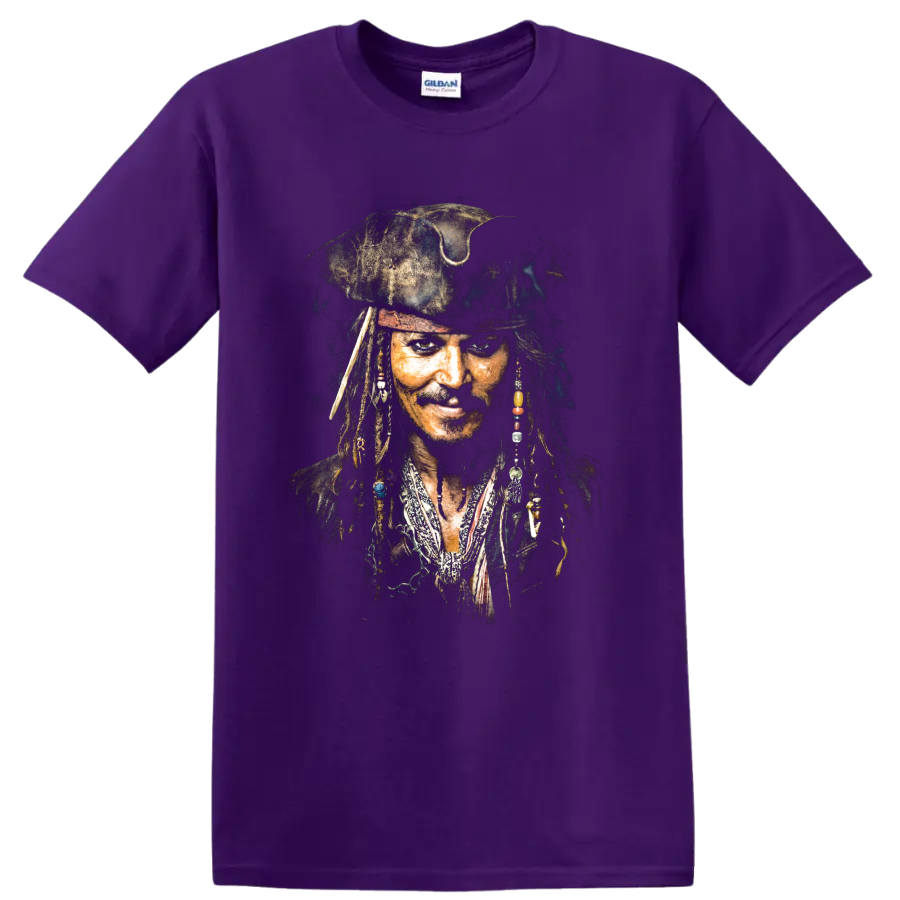 Jack Sparrow pirate captain portrait with dreadlocks and beads on a Purple T Shirt
