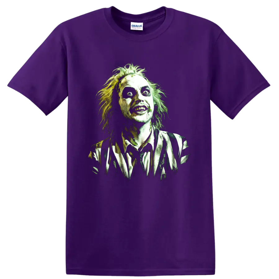 Beetlejuice gothic horror character portrait with wild hair and striped suit on a Purple T Shirt