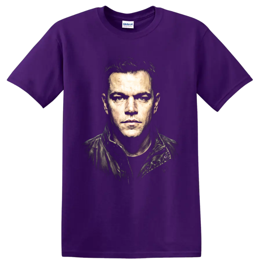 Jason Bourne gritty portrait graphic from the Bourne film series on a Purple T Shirt