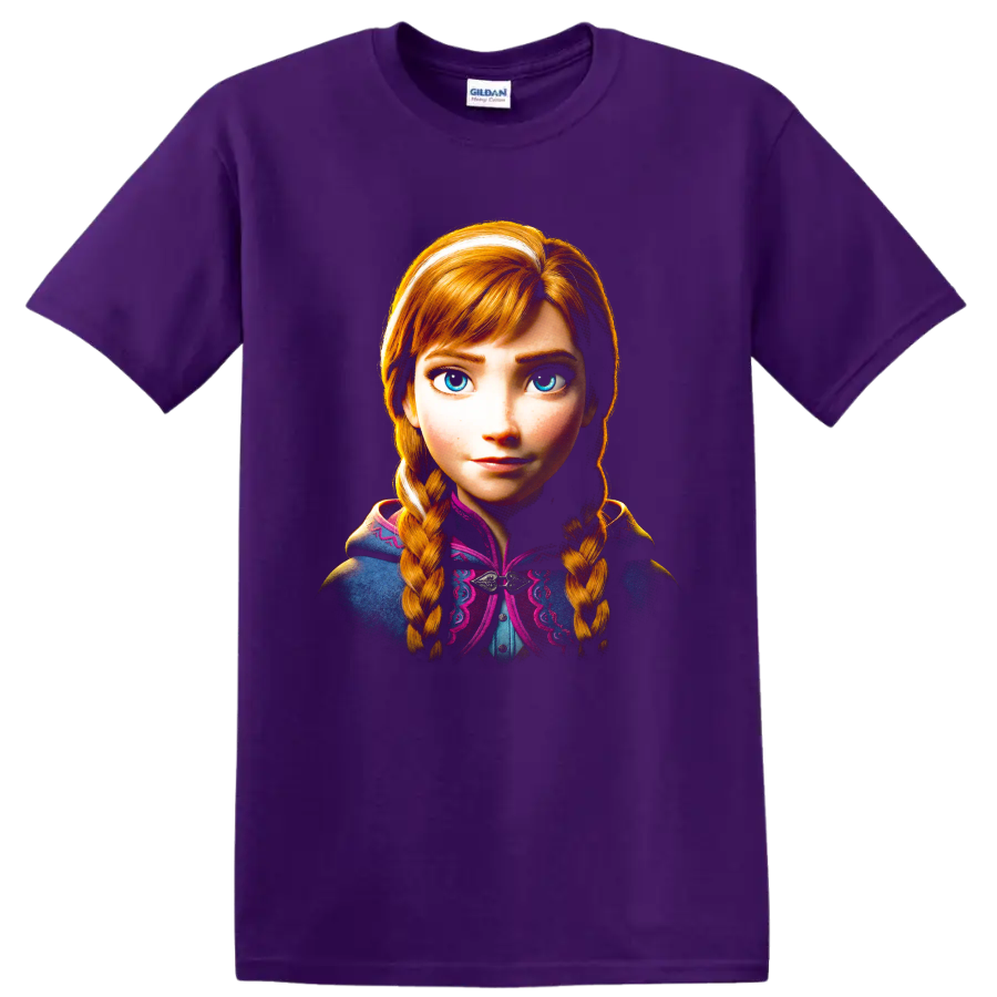 Anna from Frozen portrait with blue eyes and copper-red braided hair on a Purple T Shirt