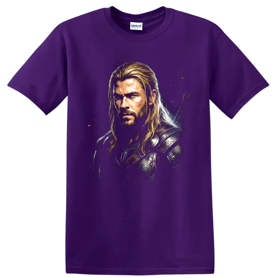 Thor warrior portrait in dark armor with cinematic fantasy artwork on a Purple T Shirt