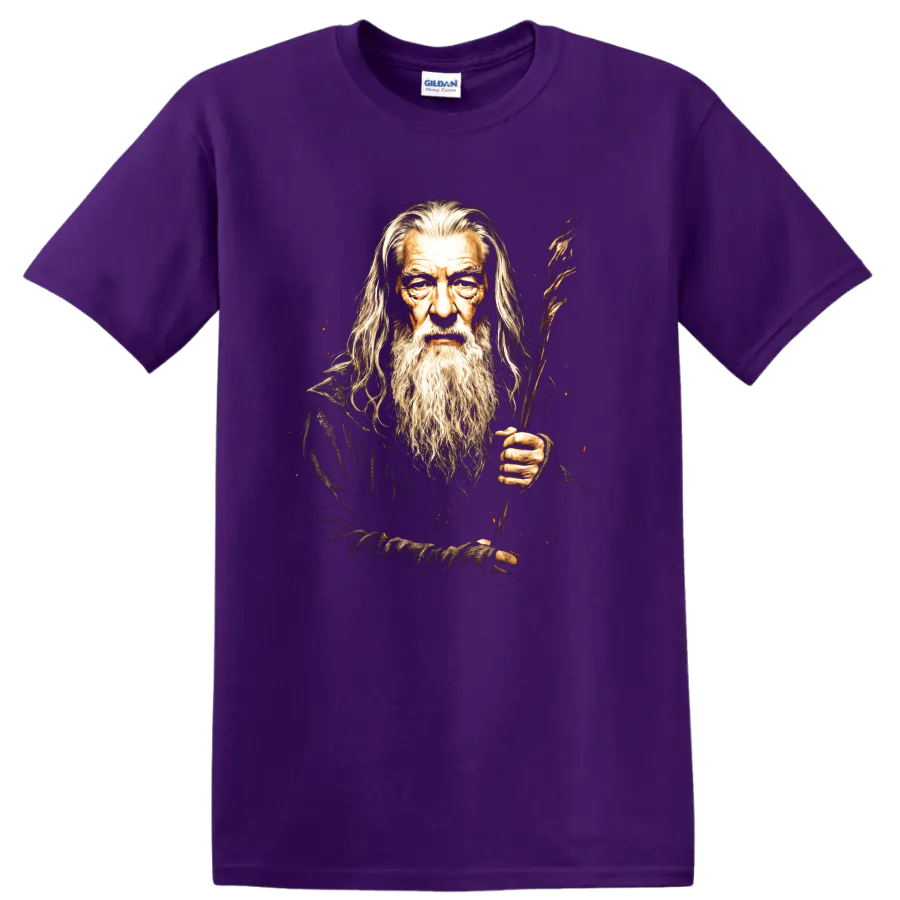 Gandalf wizard portrait with long beard and wooden staff fantasy graphic on a Purple T Shirt