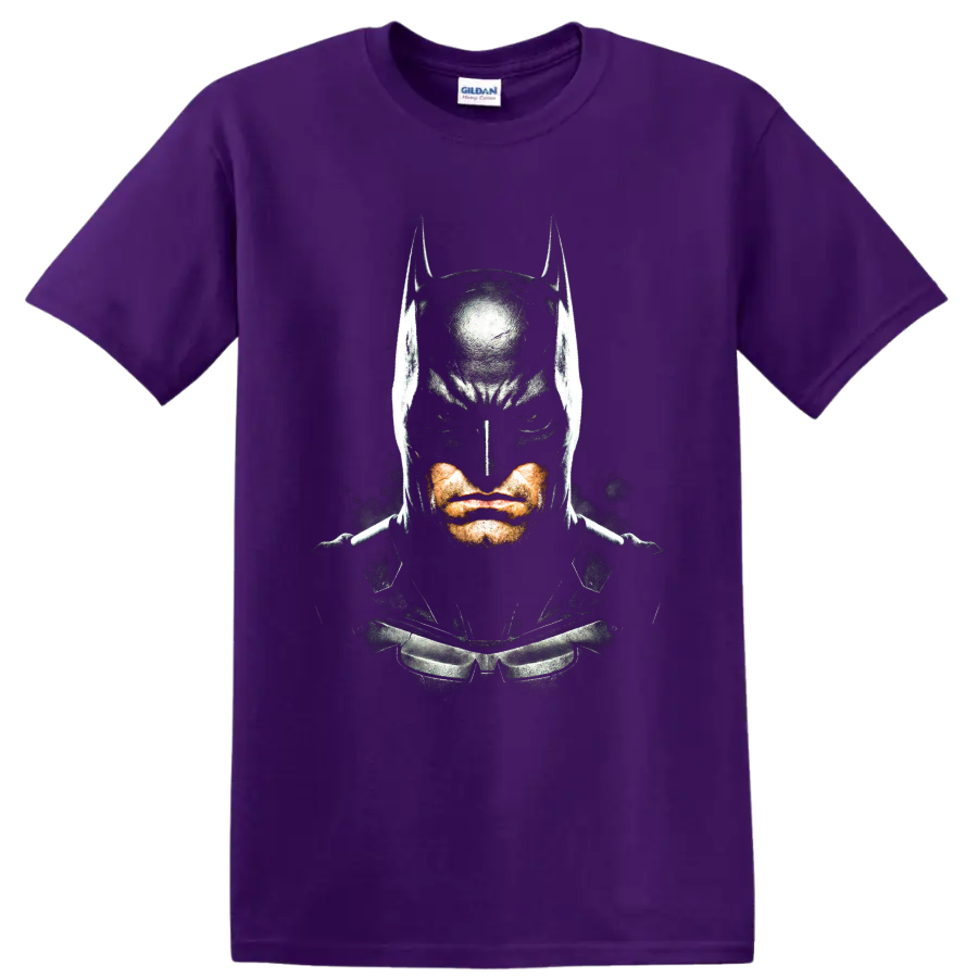 Batman masked vigilante portrait in gritty comic graphic style on a Purple T Shirt