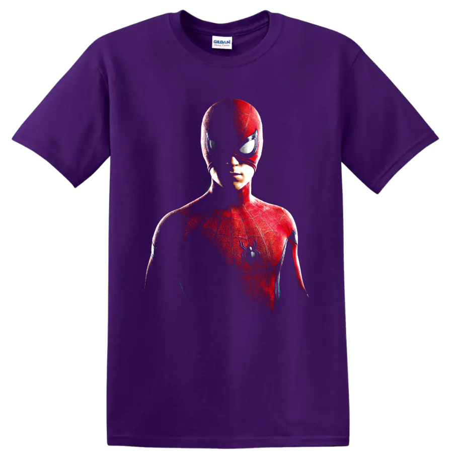 Spider-Man red masked portrait graphic with web details and spider emblem on a Purple T Shirt