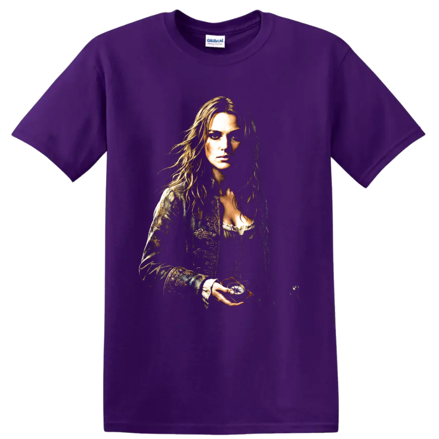 Elizabeth Swann pirate heroine portrait with ornate coat and dramatic shading on a Purple T Shirt