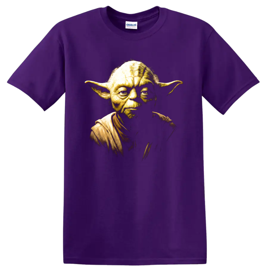 Yoda Star Wars portrait graphic with dramatic golden-green cinematic shading on a Purple T Shirt
