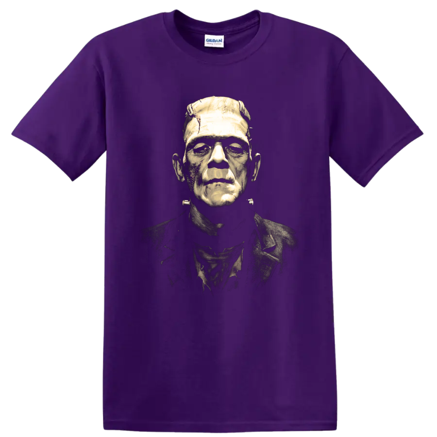 Frankenstein's Monster distressed gothic horror portrait on a Purple T Shirt