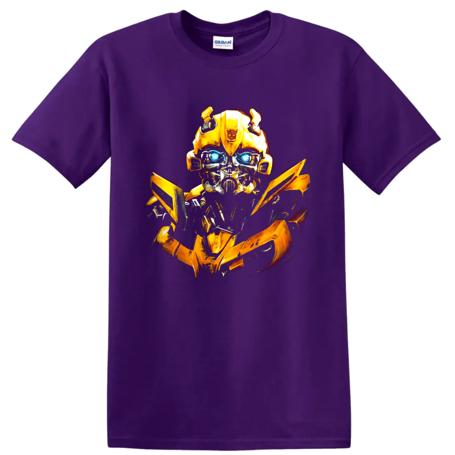 Bumblebee yellow robot graphic with glowing blue eyes on a Purple T Shirt