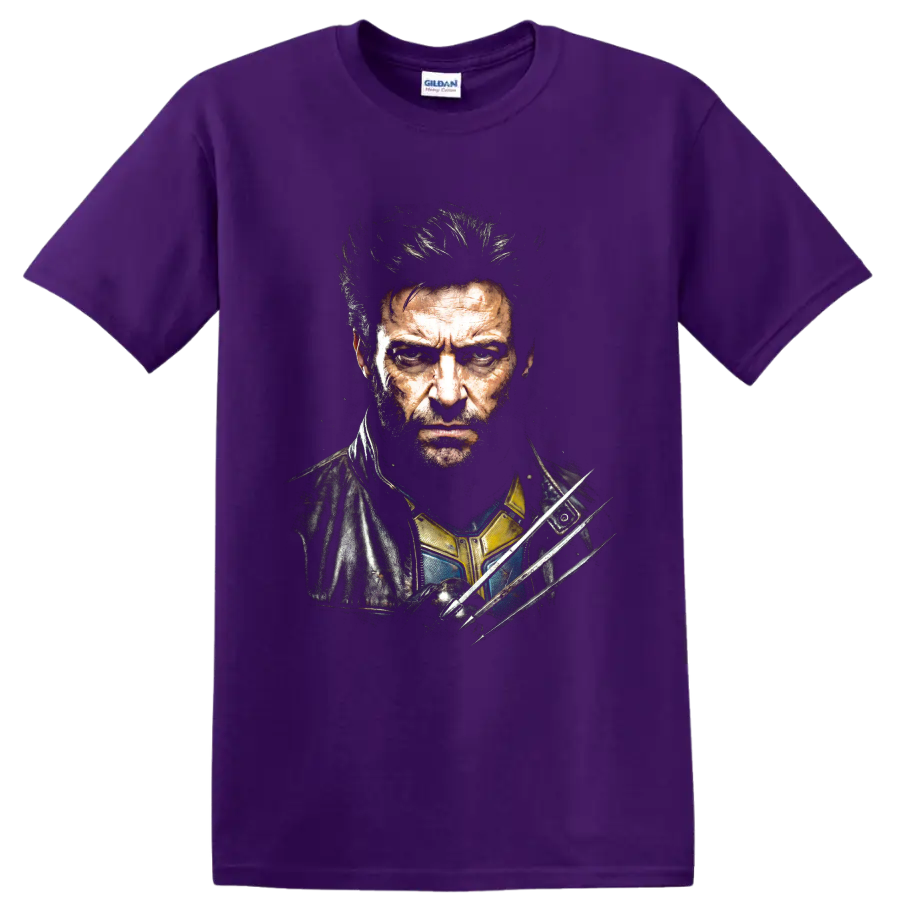 Gritty Logan Wolverine portrait with three extended claws on a Purple T Shirt