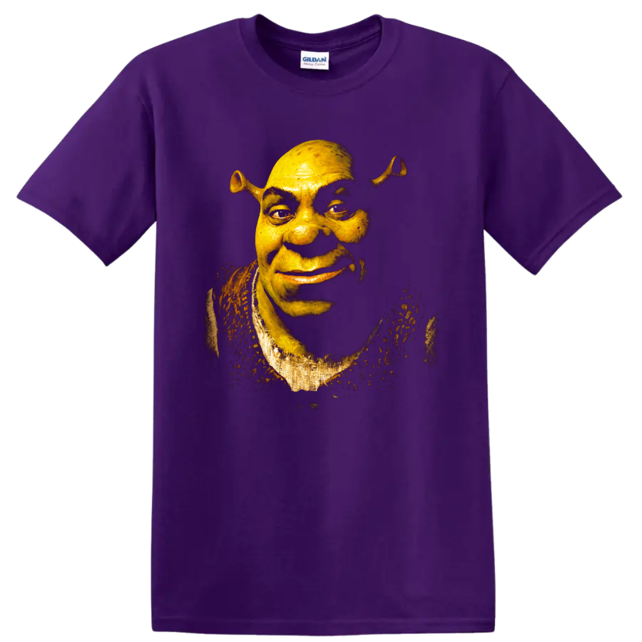Shrek green ogre close-up portrait in dark fantasy graphic style on a Purple T Shirt