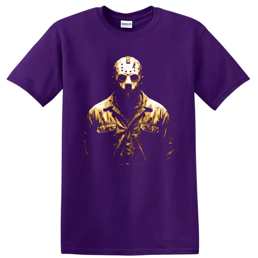 Jason Voorhees distressed gold masked portrait graphic on a Purple T Shirt