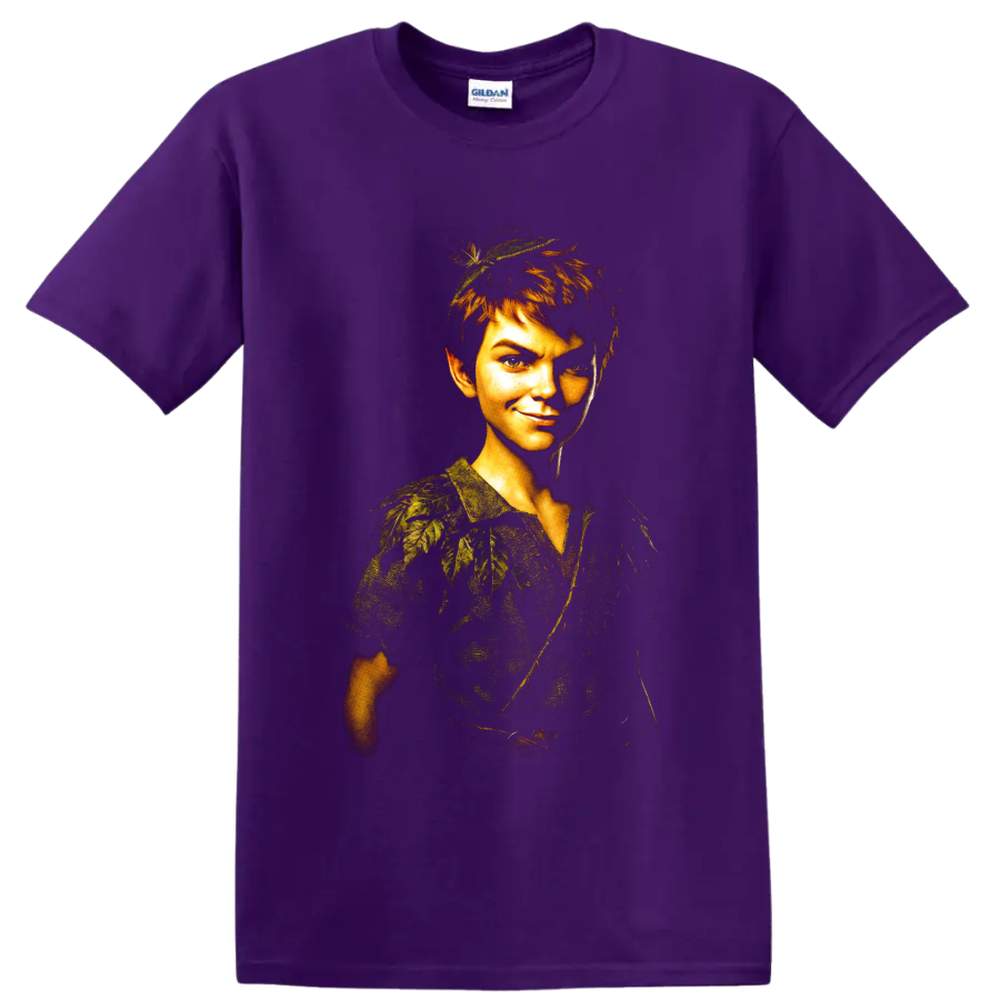 Peter Pan fantasy forest boy portrait graphic print on a Purple T Shirt