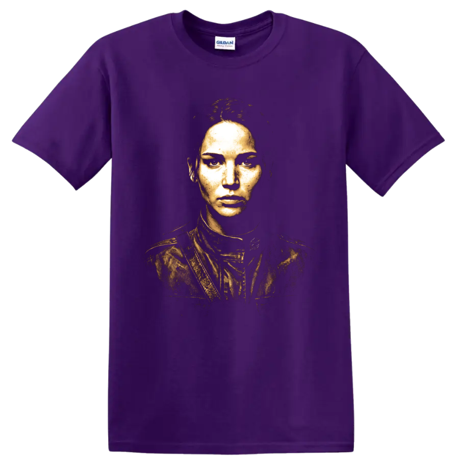 Katniss Everdeen distressed gold portrait graphic print on a Purple T Shirt