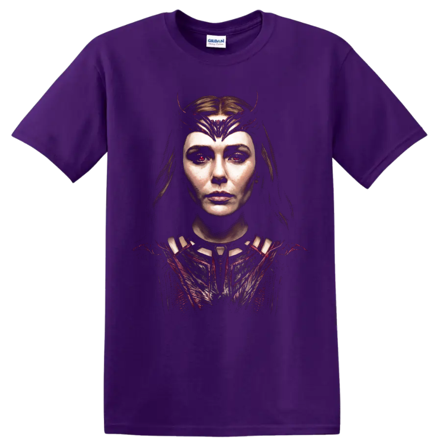 Scarlet Witch dark cinematic portrait with crimson crown on a Purple T Shirt