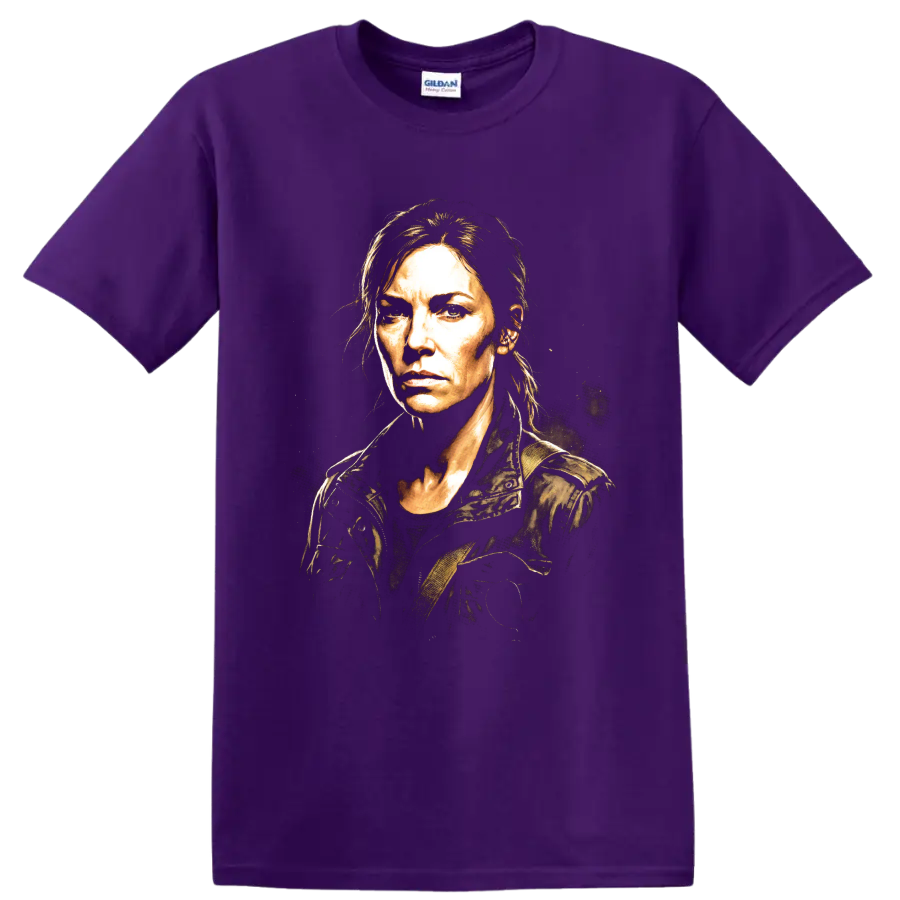 Maggie Greene gritty painterly character portrait from The Walking Dead on a Purple T Shirt