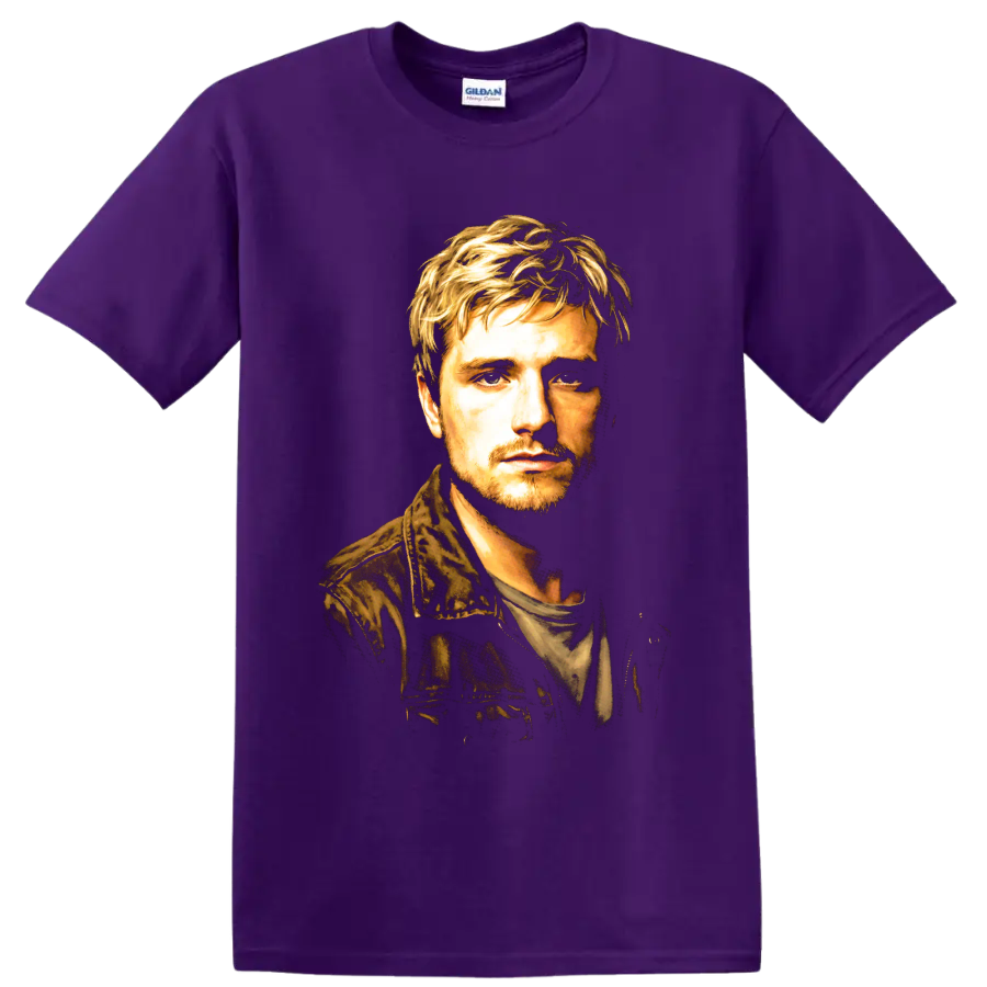 Peeta Mellark painterly cinematic portrait on a Purple T Shirt
