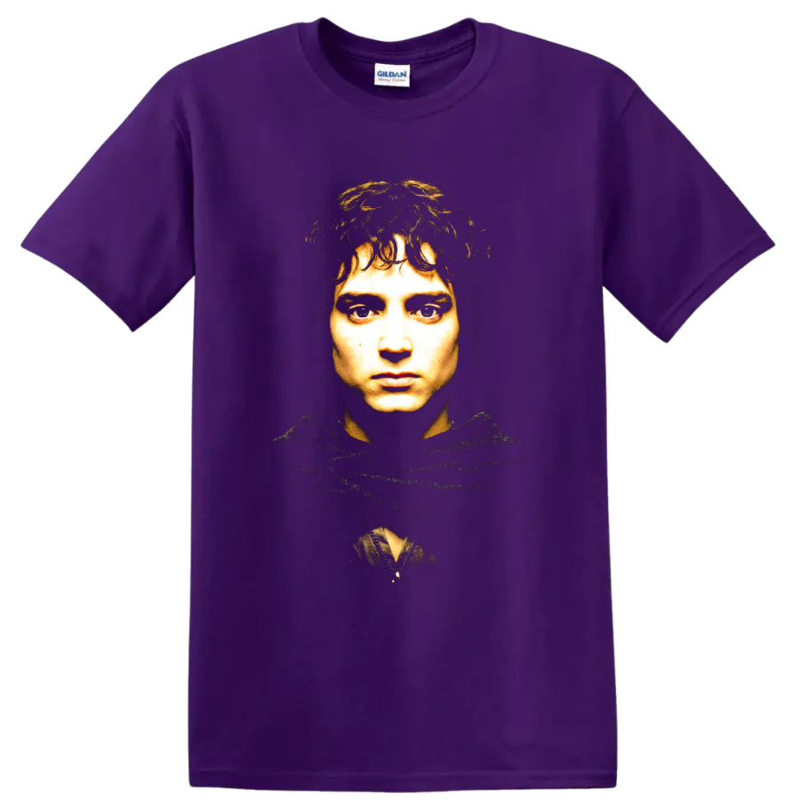 Frodo Baggins fantasy portrait in a shadowed hood on a Purple T Shirt