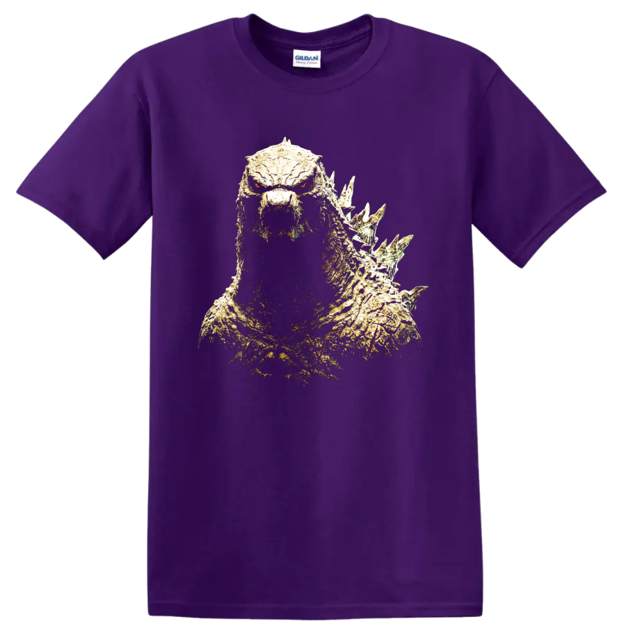 Godzilla Minus One distressed monster portrait with glowing eyes and dorsal spines on a Purple T Shirt
