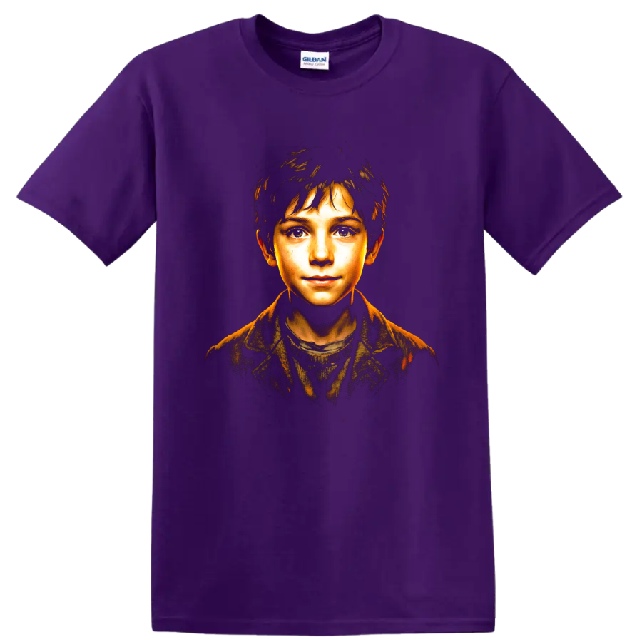 Sebastien portrait from Belle and Sebastian in warm cinematic illustrated style on a Purple T Shirt