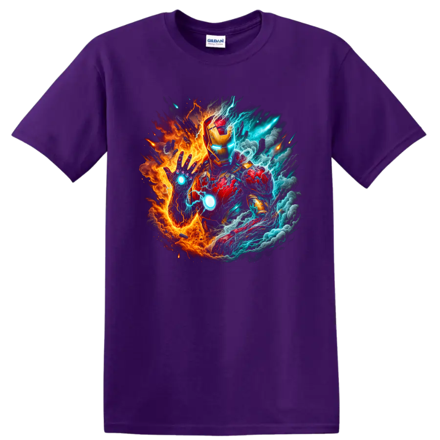 Iron Man in fiery red and gold armor with blue lightning comic battle art on a Purple T Shirt
