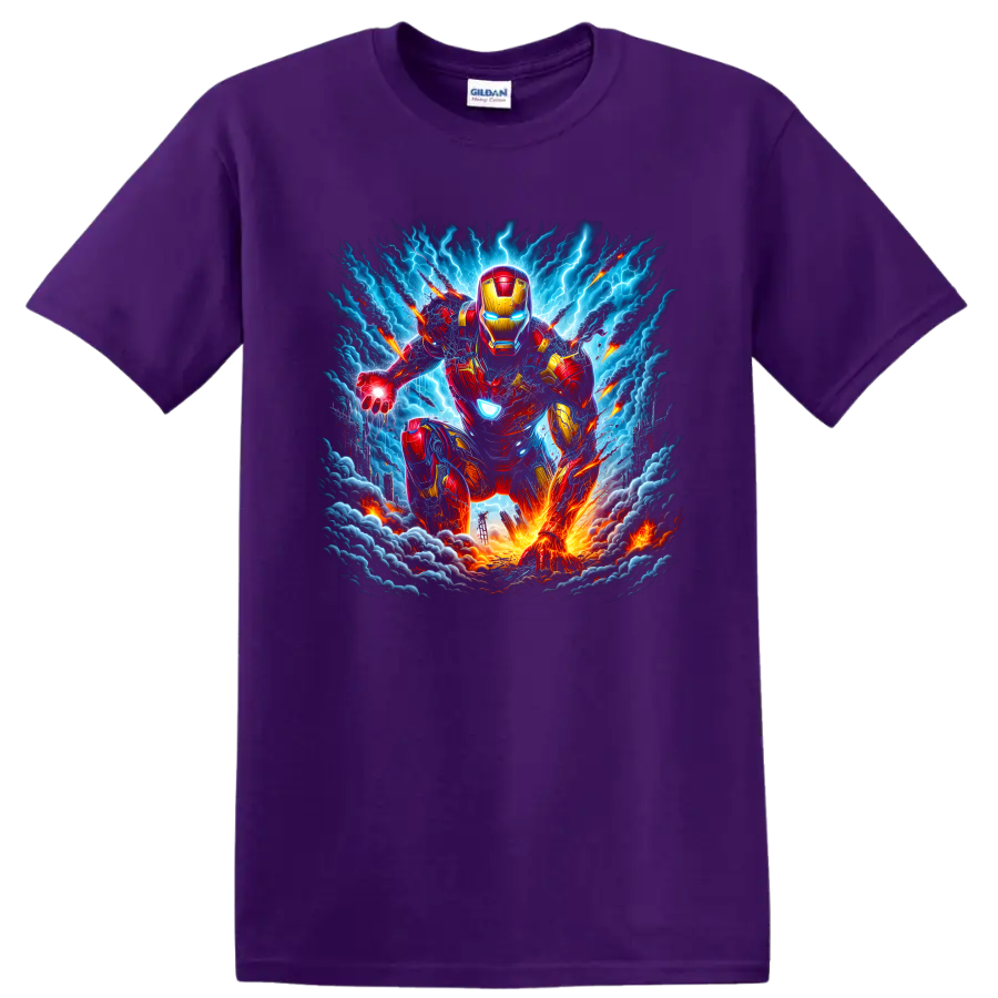 Iron Man armored superhero charging through lightning storm action artwork on a Purple T Shirt