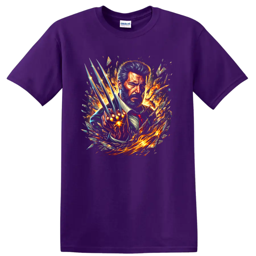 Old Man Logan Wolverine portrait with extended claws, flames, and shattered comic art on a Purple T Shirt