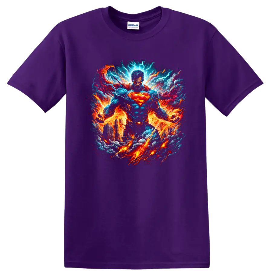 Superman comic-style art with lightning, flames, smoke, and a blazing cityscape on a Purple T Shirt