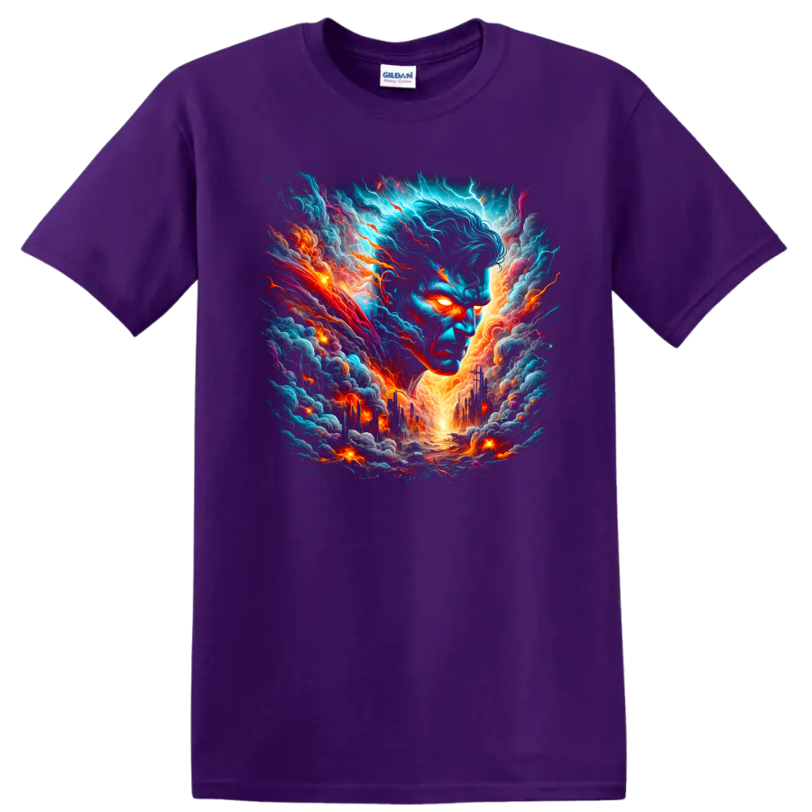 Superman cosmic storm portrait with glowing eyes, electric clouds, and fiery city on a Purple T Shirt