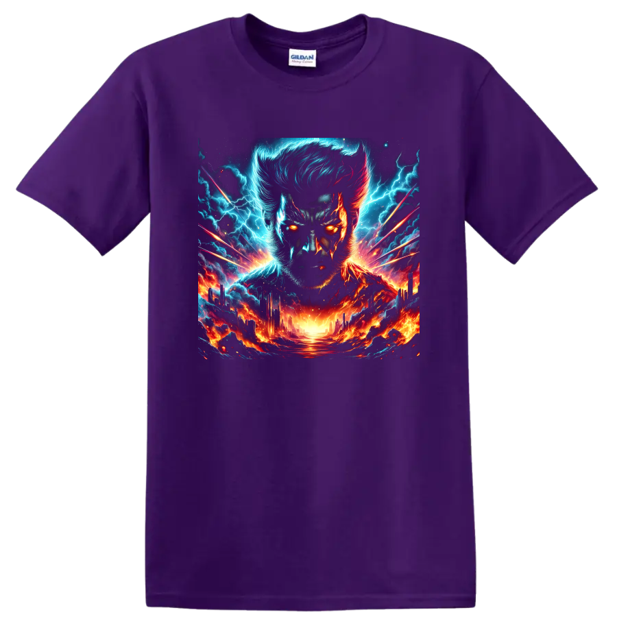 Wolverine portrait in electric lightning and fiery cosmic landscape graphic art on a Purple T Shirt