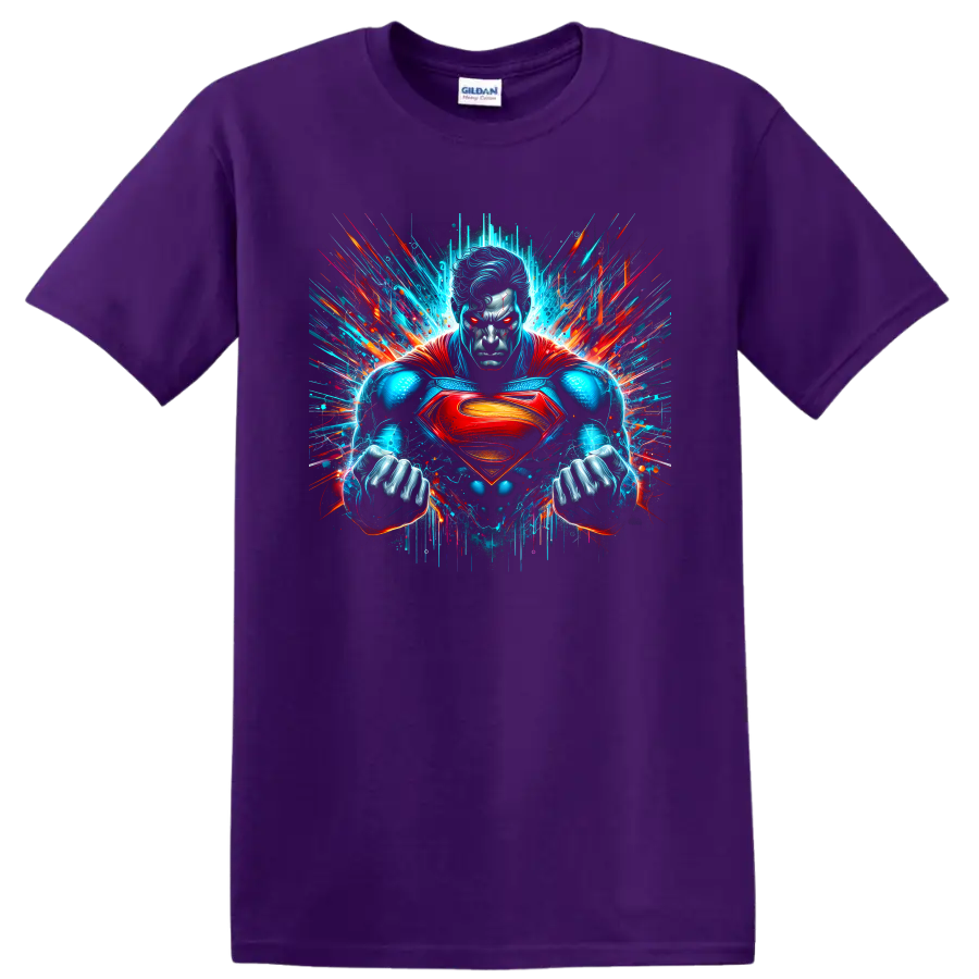 Superman in neon comic art with glowing eyes, red cape, chest shield, and paint bursts on a Purple T Shirt